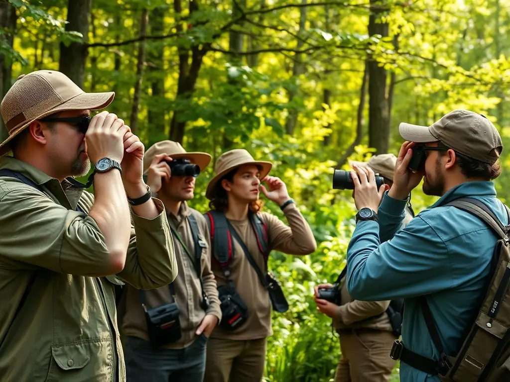 A photograph depicting a lush forest scene with wildlife monitoring equipment and volunteers engaged in conservation activities, showcasing the organization's commitment to habitat preservation and species monitoring.