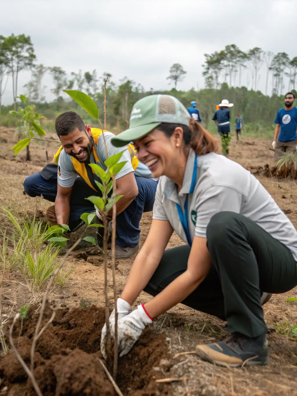 A photograph depicting volunteers planting trees in a deforested area, symbolizing habitat restoration efforts by SOCIETE AMICALE.