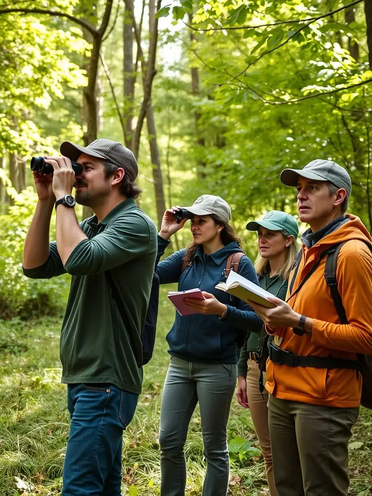 A photograph of researchers monitoring wildlife populations in their natural habitat, showcasing the organization's scientific approach to conservation.