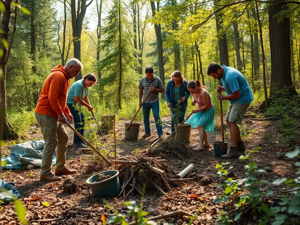 A serene landscape featuring a group of hunters and landowners collaborating on a conservation project, emphasizing community involvement and environmental stewardship.